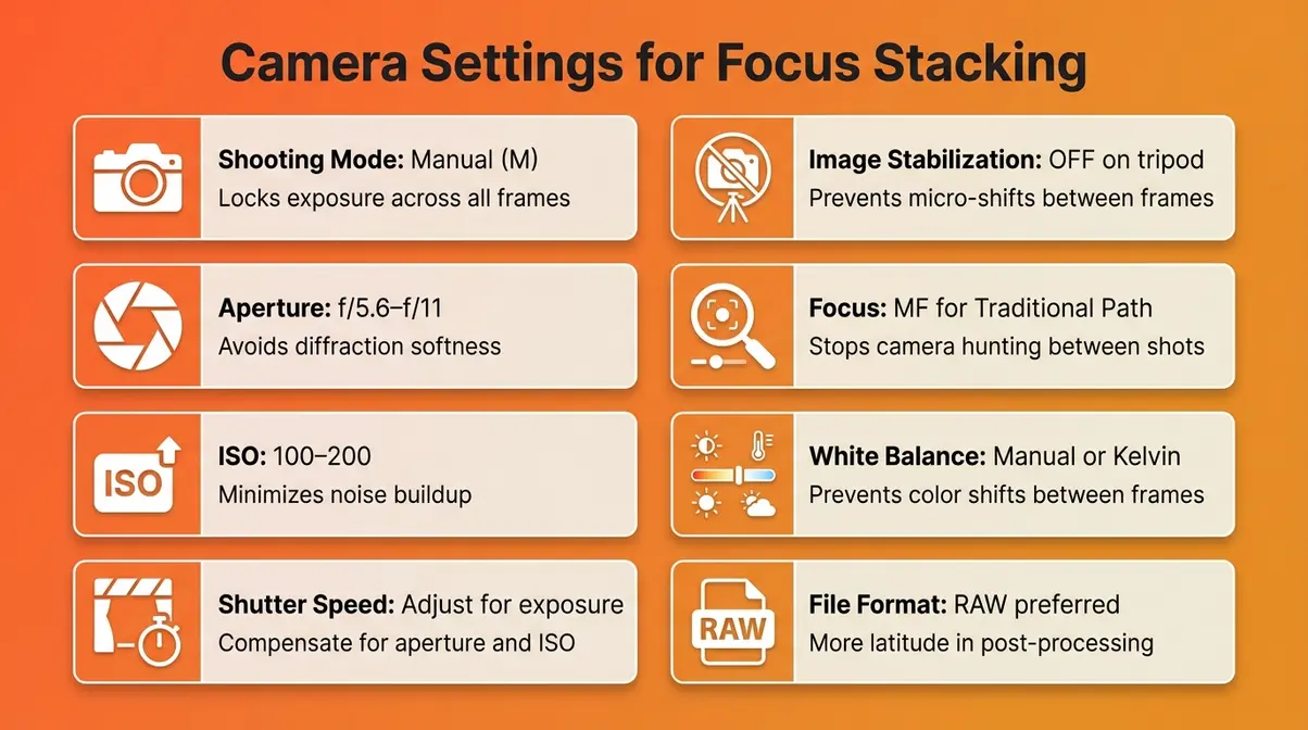 Illustrated camera settings checklist for focus stacking showing aperture ISO manual mode and stabilization recommendations