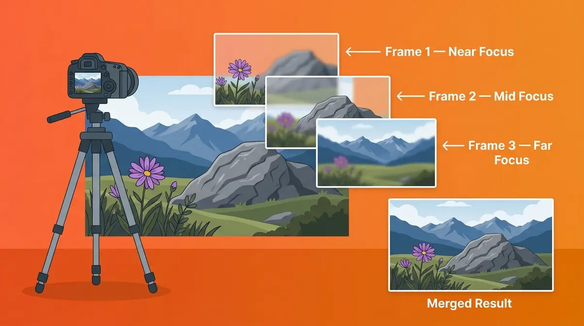Focus stacking concept showing three frames at different focus distances merging into one sharp final image