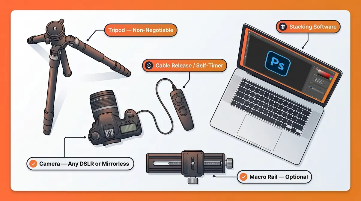 Focus stacking equipment essentials including camera tripod cable release and stacking software laid out flat