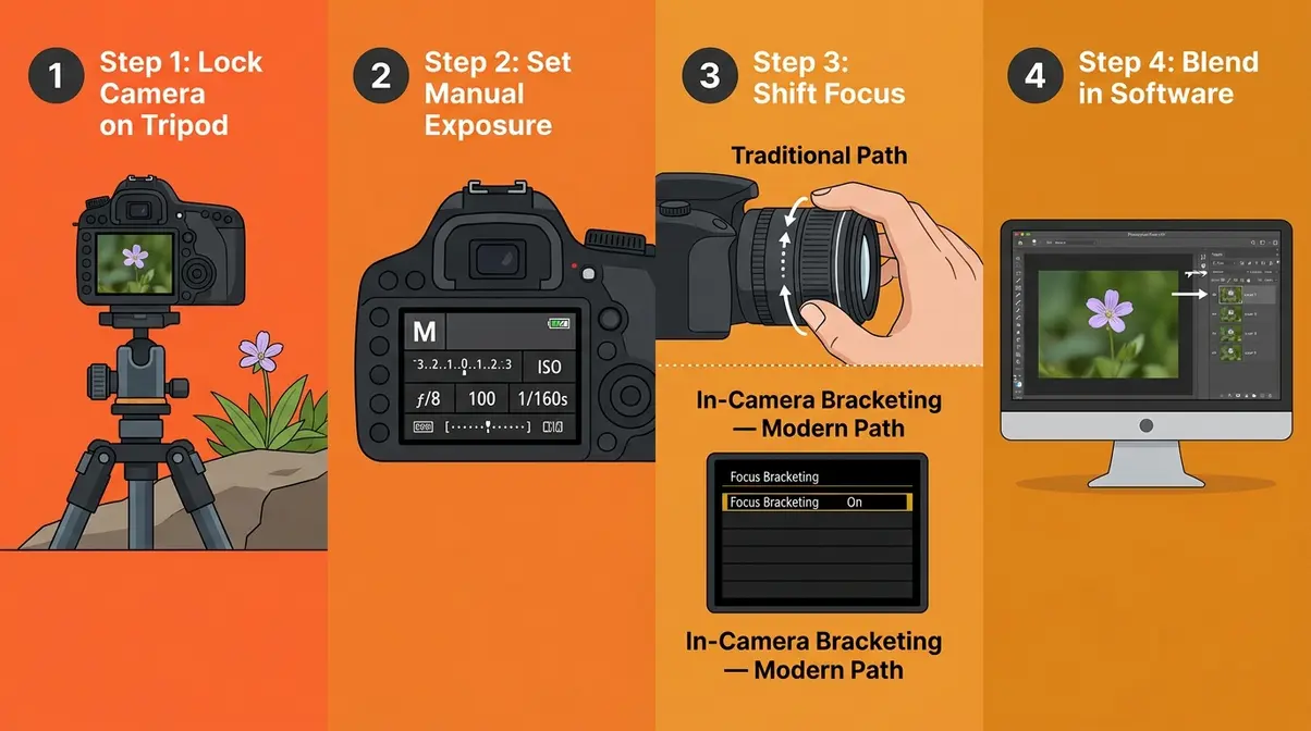 Focus stacking step-by-step workflow showing tripod setup manual exposure focus shifting and software blending