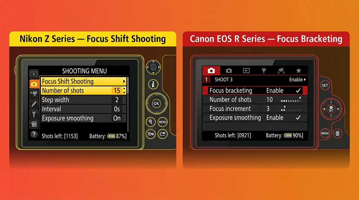 Side-by-side comparison of Nikon Z focus shift shooting menu and Canon EOS R focus bracketing menu settings
