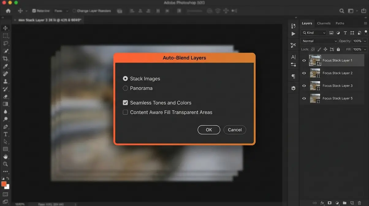Photoshop Auto-Blend Layers dialog box with Stack Images option selected for focus stacking workflow
