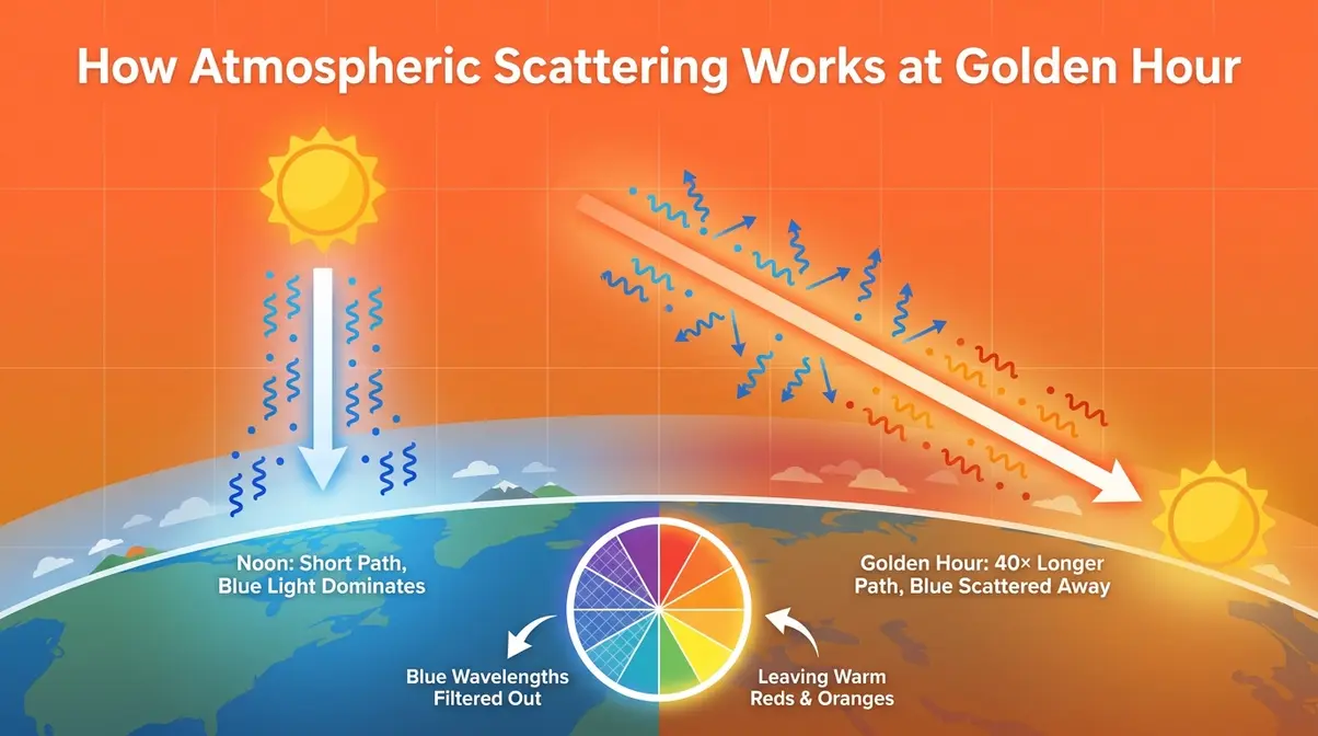 Educational diagram showing how blue wavelength scattering creates warm golden hour light versus noon sunlight
