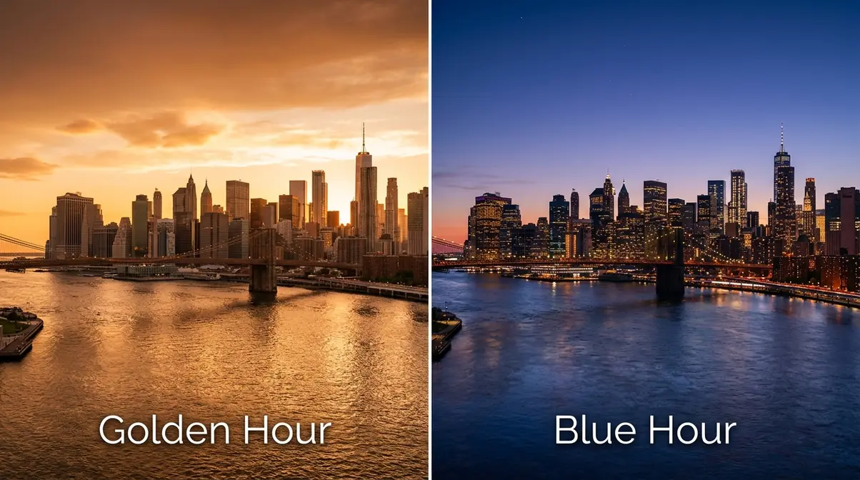 Diptych comparison of golden hour warm orange cityscape versus blue hour cool purple cityscape photography