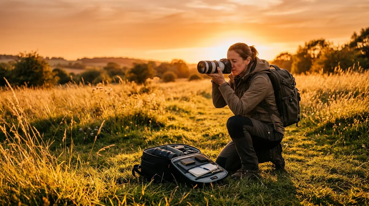 Photographer kneeling with DSLR camera shooting during golden hour with warm orange sunset light