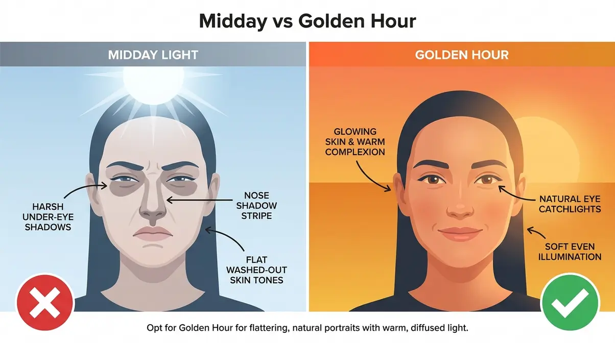 Side-by-side portrait comparison of harsh midday shadows versus soft warm golden hour photography lighting