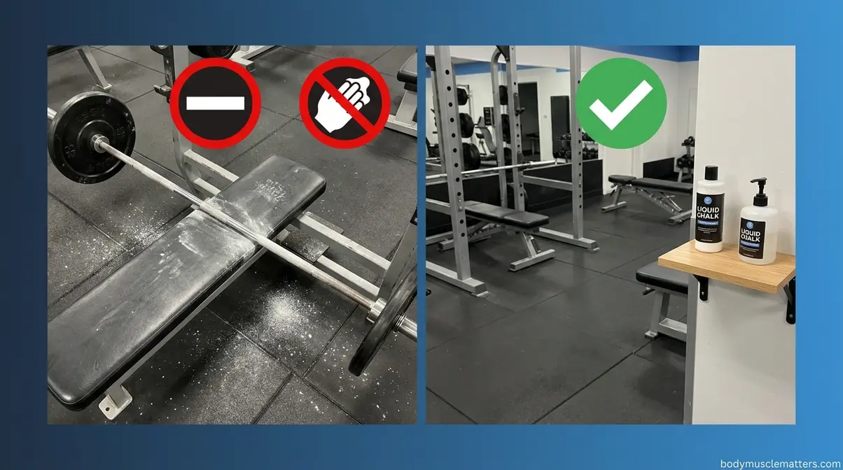 Gym chalk ban sign beside liquid chalk bottle showing compliant alternative for commercial gyms