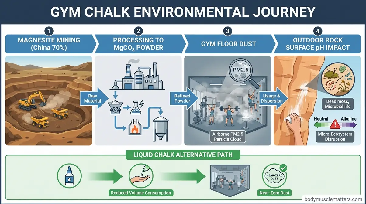 Infographic showing gym chalk environmental lifecycle from magnesite mining to gym dust to outdoor rock surface pH effects
