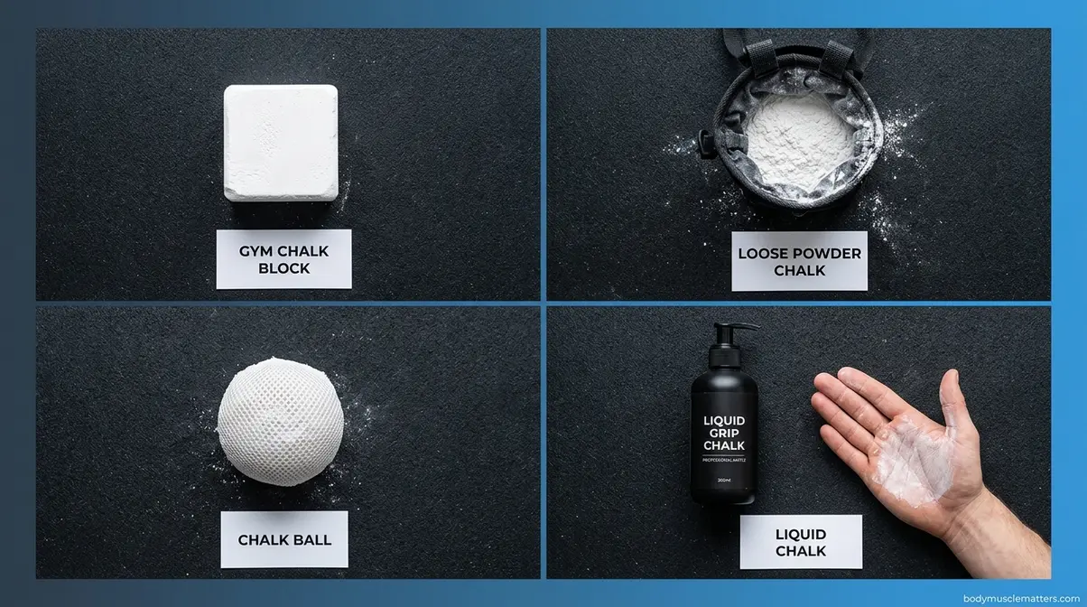 Four gym chalk formats side by side — block, loose powder, chalk ball, and liquid chalk bottle