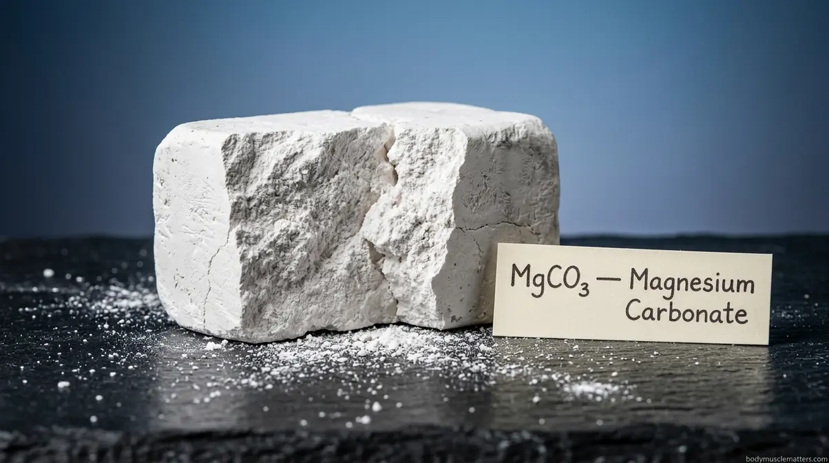 Gym chalk magnesium carbonate block broken apart showing white powder mineral composition