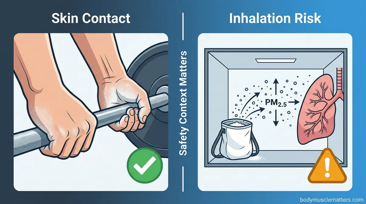 Gym chalk safety comparison showing safe skin contact versus inhalation risk from airborne chalk dust