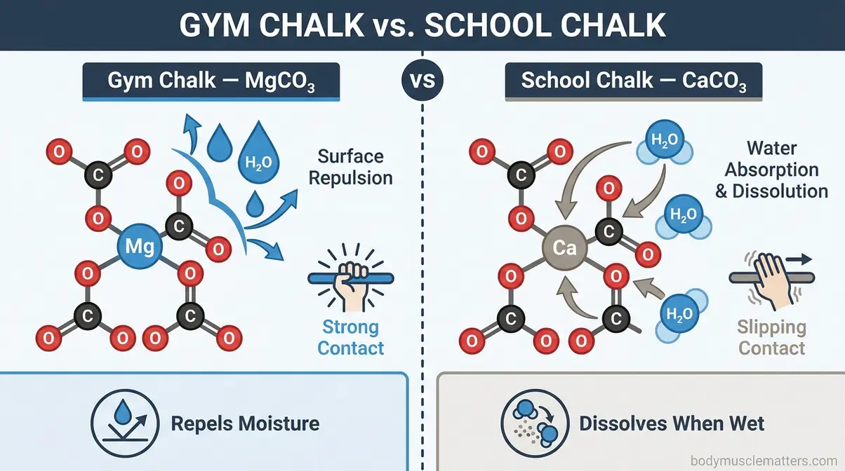 Diagram comparing MgCO₃ gym chalk moisture repulsion versus CaCO₃ school chalk dissolution in water