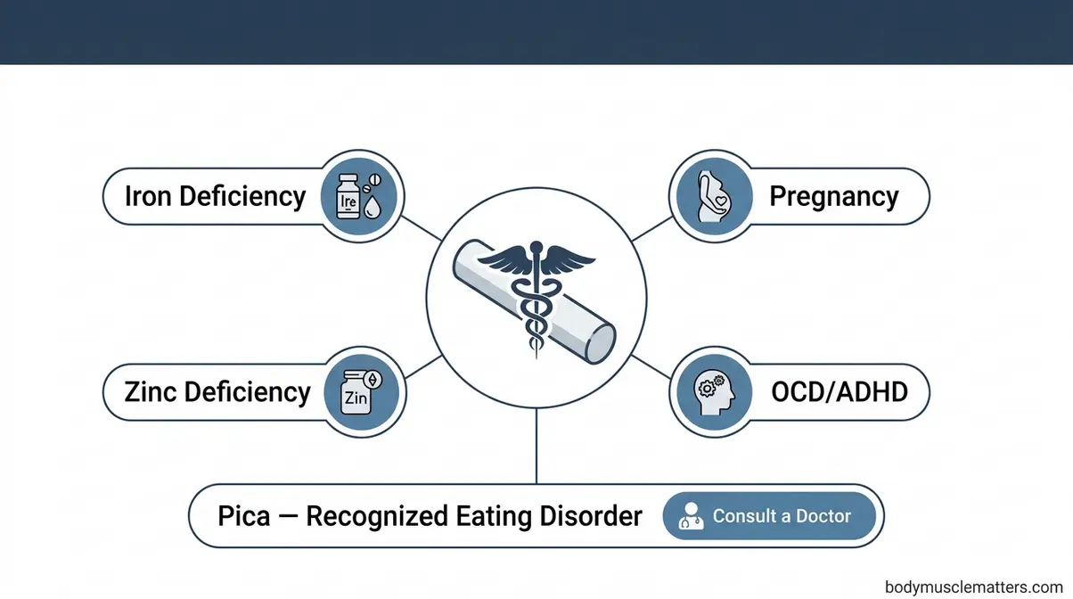 Medical awareness diagram showing chalk craving Pica disorder linked to iron deficiency and nutritional causes