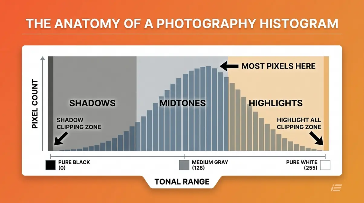 Labeled diagram of a photography histogram showing X-axis tonal range from shadows to highlights and Y-axis pixel count