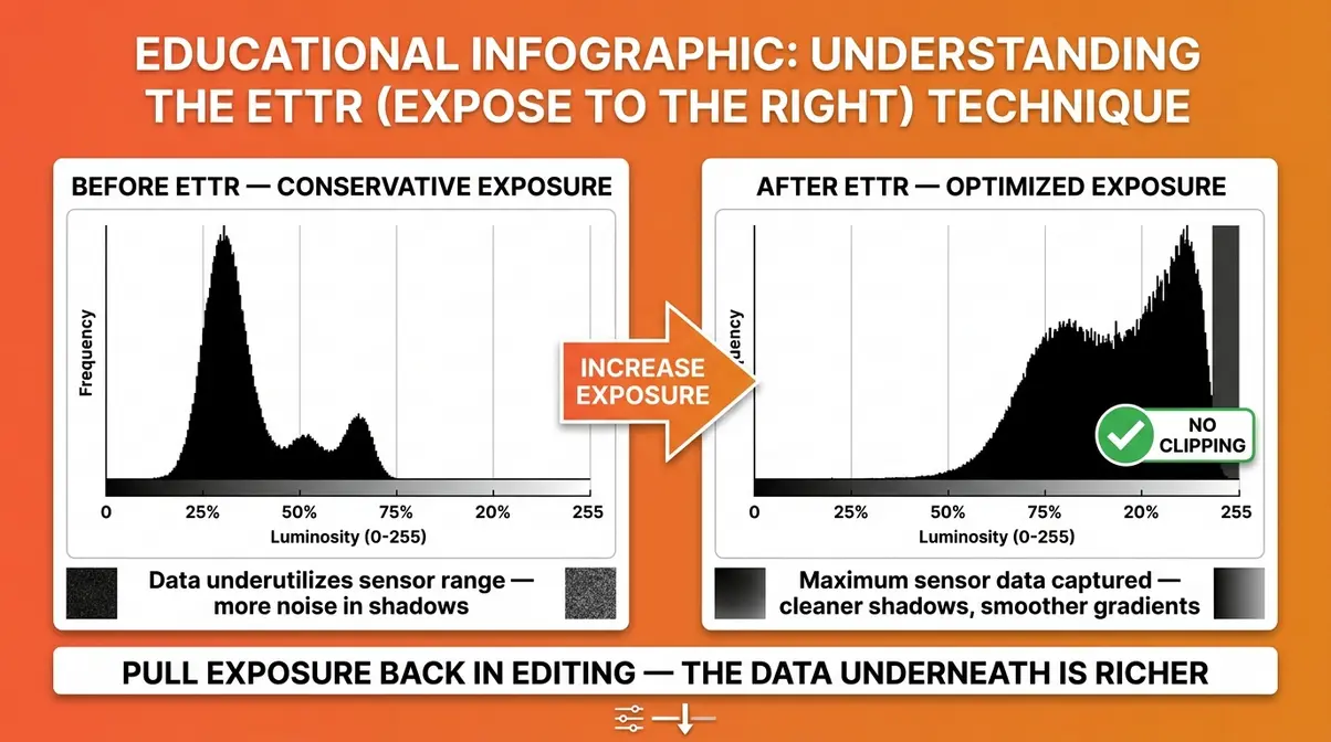 Two histograms side-by-side showing underexposed data on the left versus ETTR data pushed toward the right without clipping