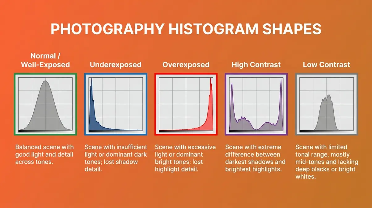 Five side-by-side photography histogram examples showing normal exposure, underexposure, overexposure, high contrast, and low contrast scenes
