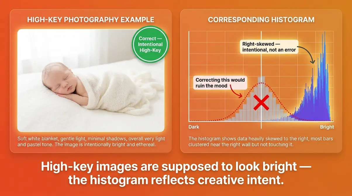 A bright, airy high-key portrait next to its right-skewed histogram showing intentional overexposure