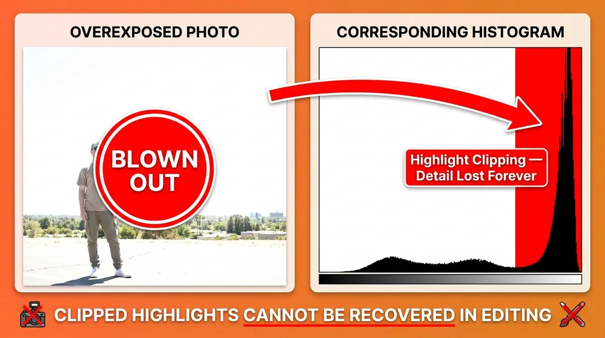 Side-by-side comparison of an overexposed photo with blown-out highlights next to its histogram showing a spike against the right wall