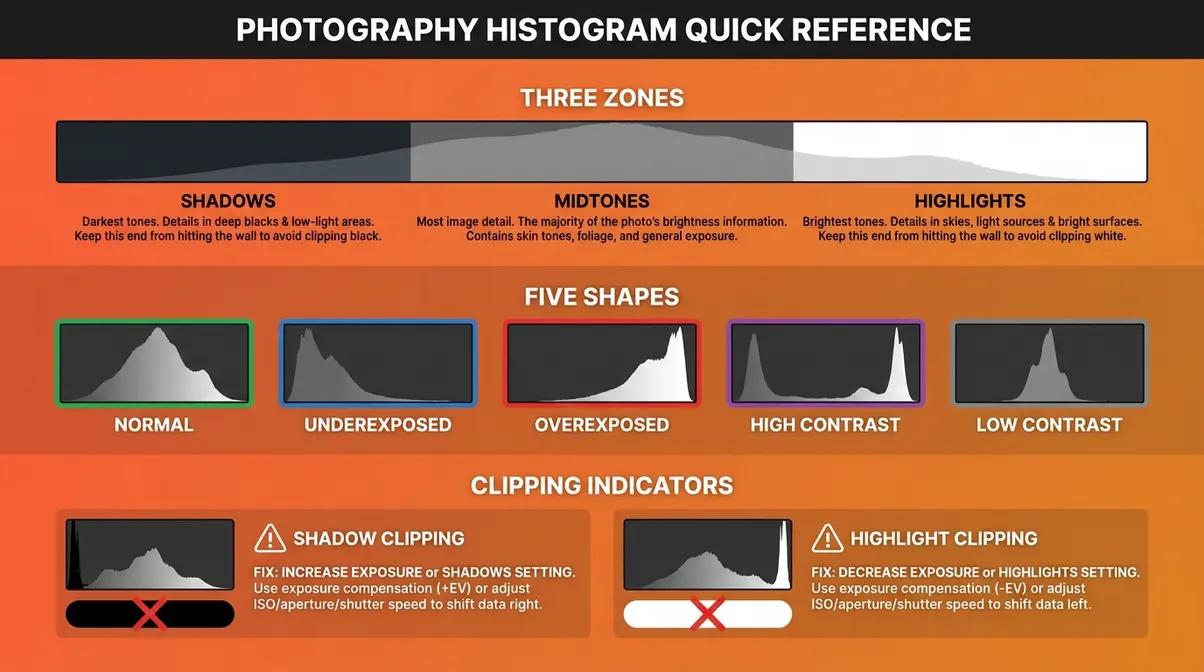 One-page visual reference card summarizing the five histogram shapes, three zones, and clipping indicators for a photography histogram