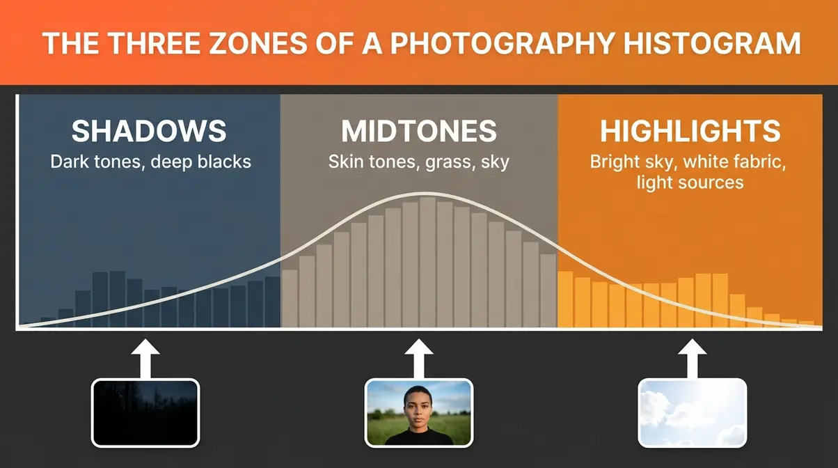Histogram diagram divided into three color-coded zones showing shadows on the left, midtones in the center, and highlights on the right