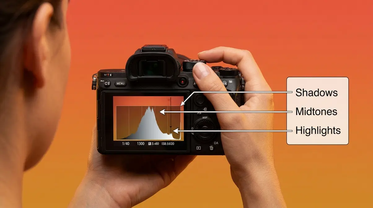 Photographer reading a histogram on camera LCD screen showing three exposure zones while adjusting settings