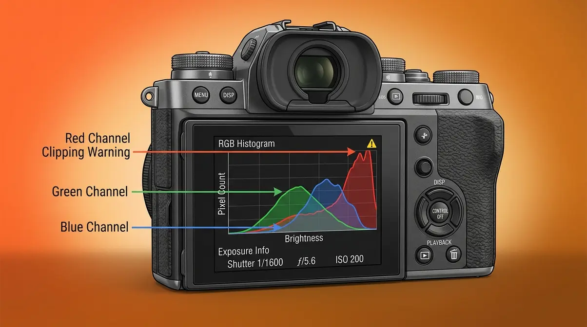 Camera LCD screen displaying RGB histogram mode with separate red, green, and blue channel curves for color clipping detection