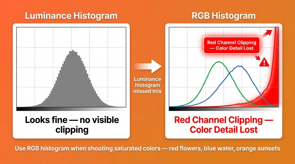 Side-by-side comparison of a luminance histogram and an RGB histogram for the same image showing color channel clipping