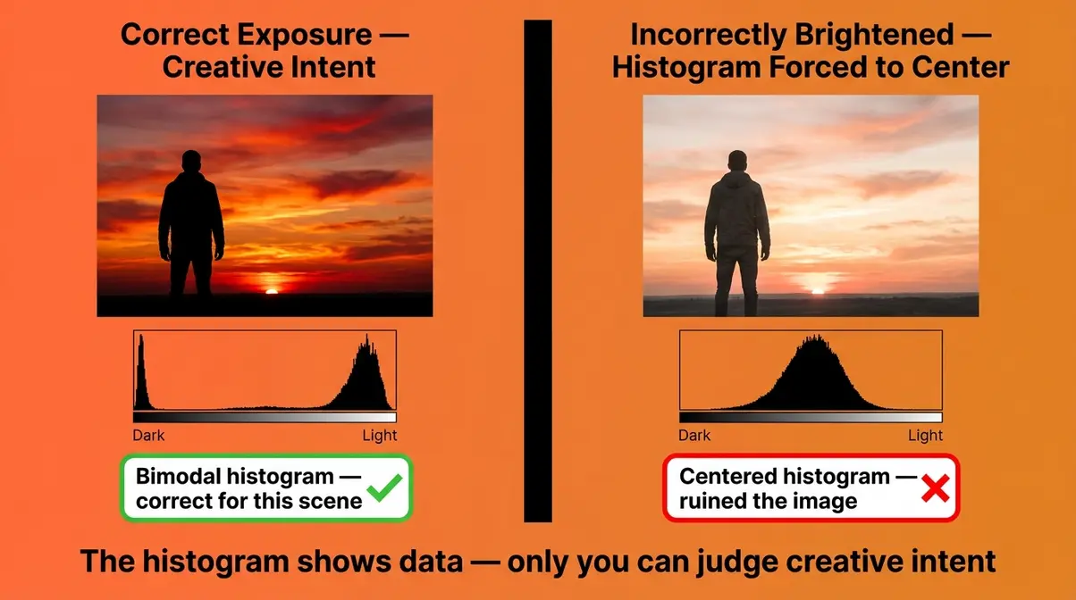 Two versions of a sunset silhouette photo side by side — one correctly exposed with a bimodal histogram, one incorrectly brightened with a centered histogram