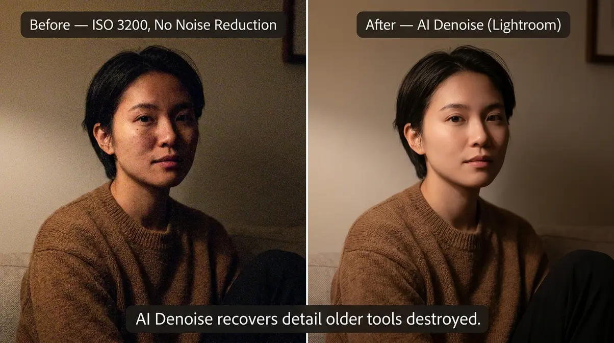 ISO 3200 photo before and after AI Denoise in Lightroom showing noise removal while retaining photography detail