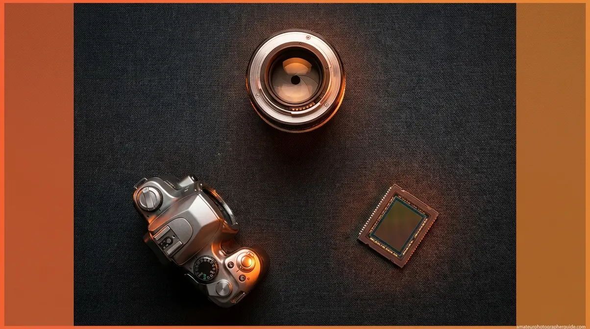 Three camera components representing the exposure triangle of ISO aperture and shutter speed settings
