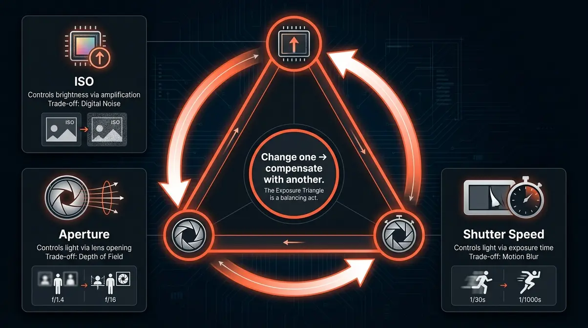 Exposure triangle diagram for photography showing how ISO, aperture, and shutter speed interact and affect each other