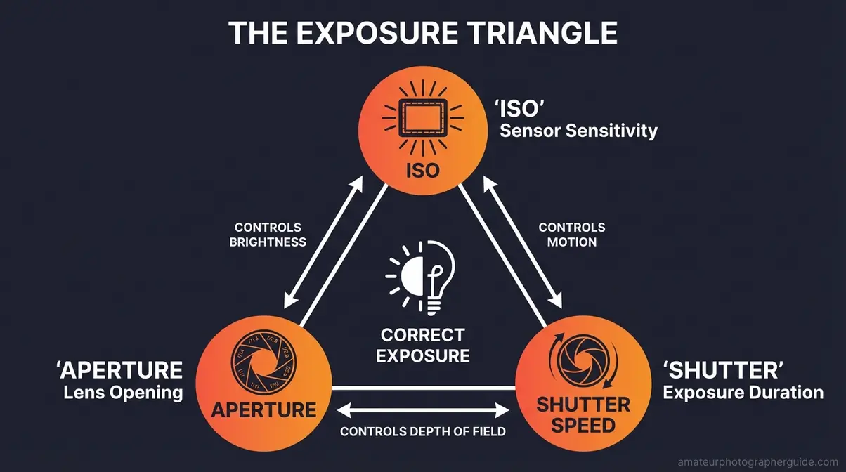 Exposure triangle infographic showing ISO aperture and shutter speed as three connected photography pillars