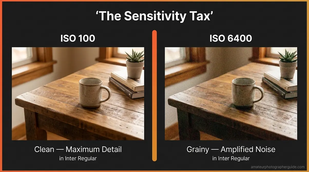 Side-by-side ISO comparison showing clean ISO 100 image versus noisy grainy ISO 6400 photograph