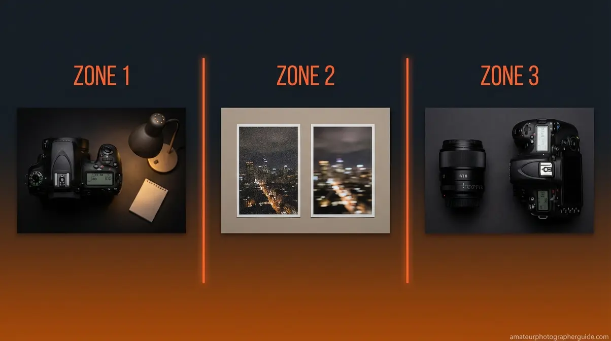 Common beginner photography mistakes with ISO settings showing noise versus blur comparison and wrong ISO 100 usage