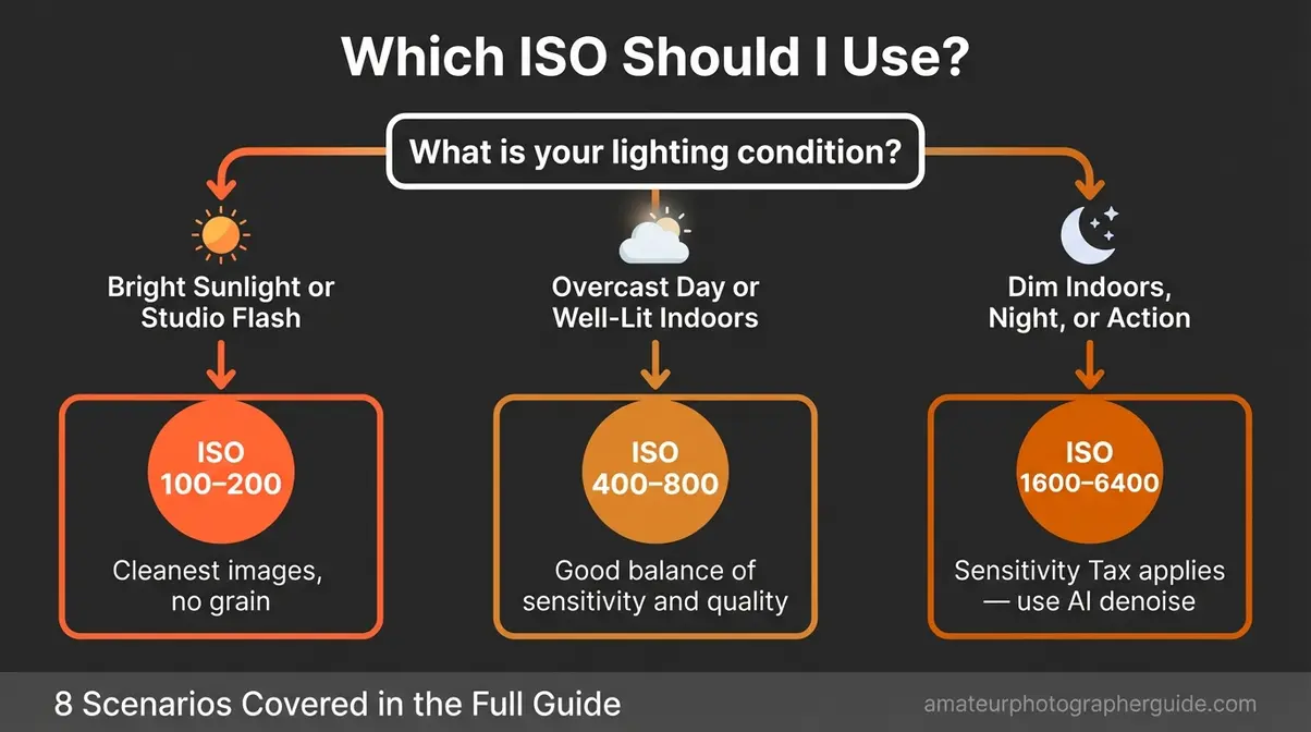 ISO cheat sheet flowchart showing ISO 100 for sunny, ISO 400 overcast, ISO 1600 for low-light beginner photography