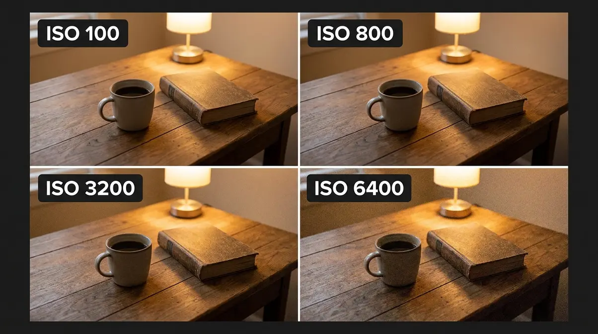 ISO comparison photos showing noise levels at ISO 100, 800, 3200, and 6400 in the same indoor photography scene