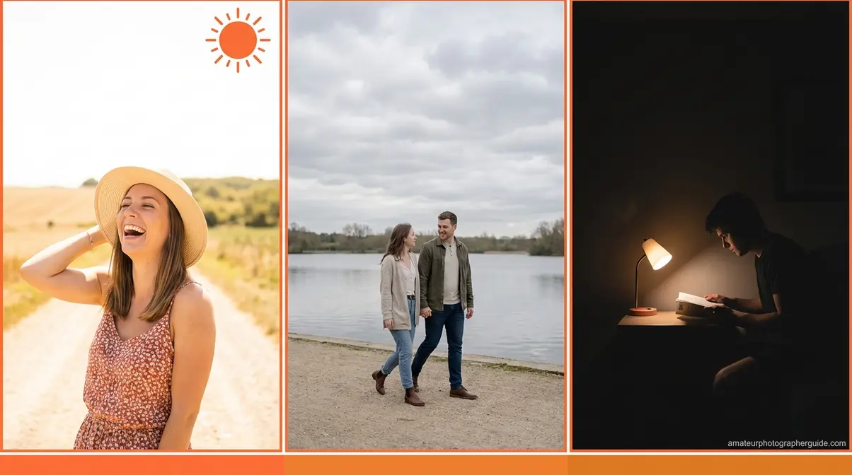 Three lighting scenarios for ISO selection: bright sun for ISO 100, overcast for ISO 400, dark indoors for ISO 1600