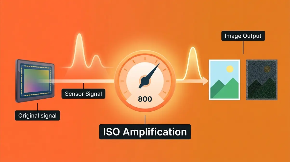 ISO in photography concept showing camera sensor signal amplification and resulting image brightness versus noise