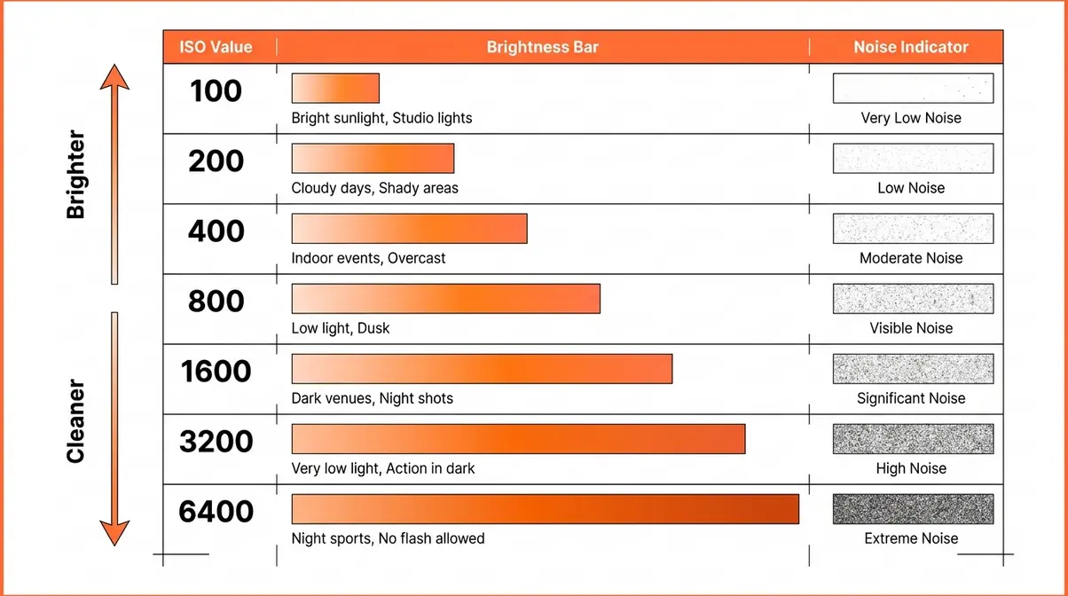 ISO scale diagram in photography showing values from ISO 100 to 6400 with brightness and noise levels at each stop