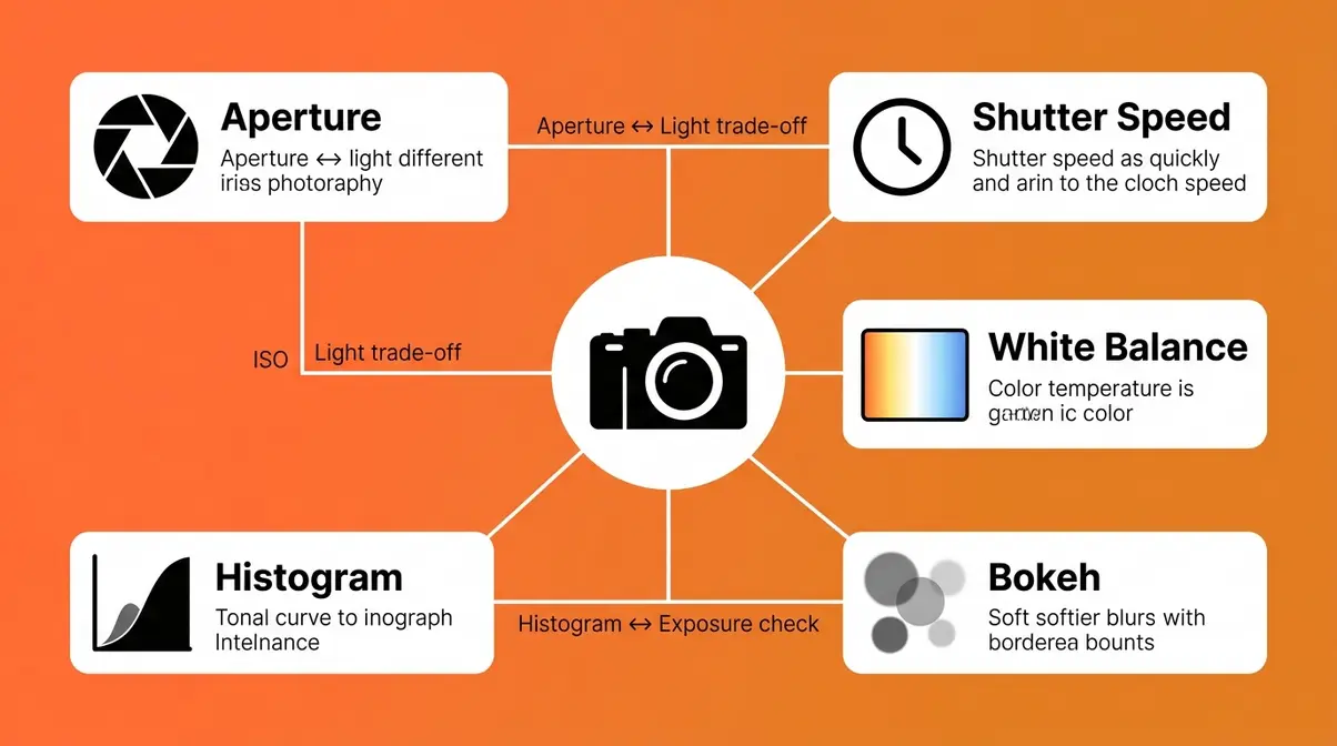 Photography terms glossary showing aperture, shutter speed, white balance, histogram, and bokeh concepts related to ISO