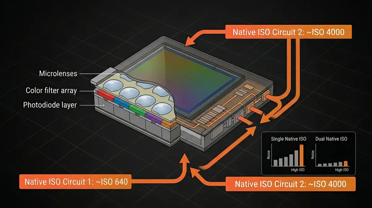 Dual native ISO sensor technology diagram showing two circuit pathways for cleaner high ISO photography