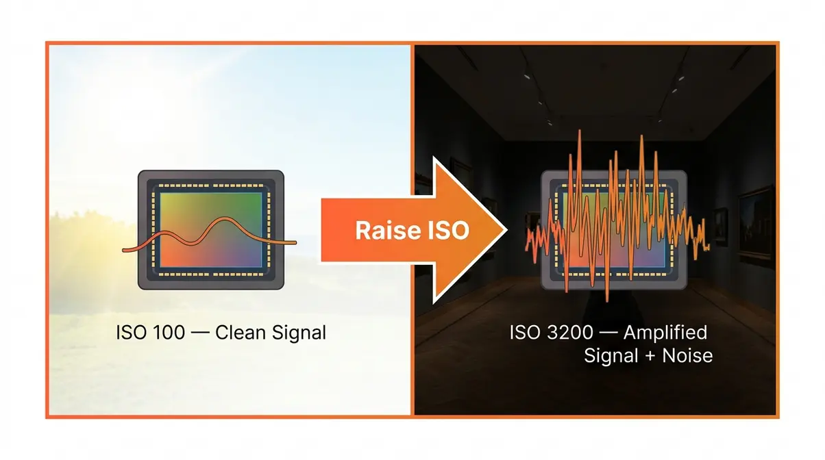 How raising ISO affects camera sensor signal amplification and digital noise in photography