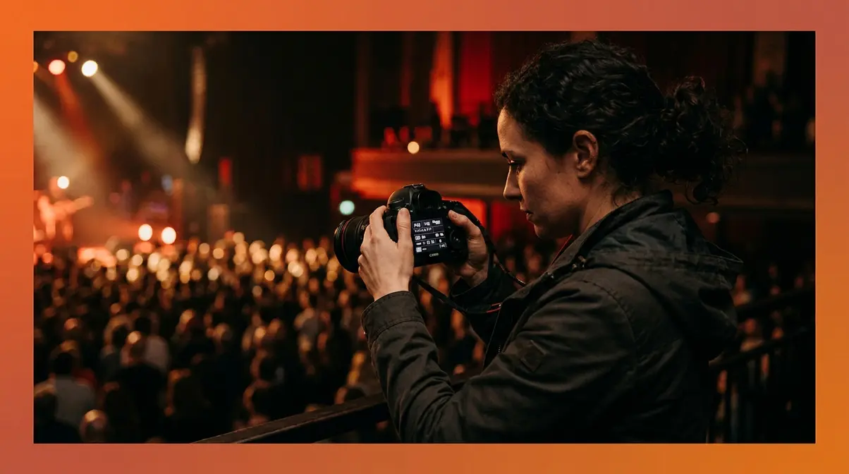 Photographer adjusting ISO aperture and shutter speed settings for exposure triangle balance indoors