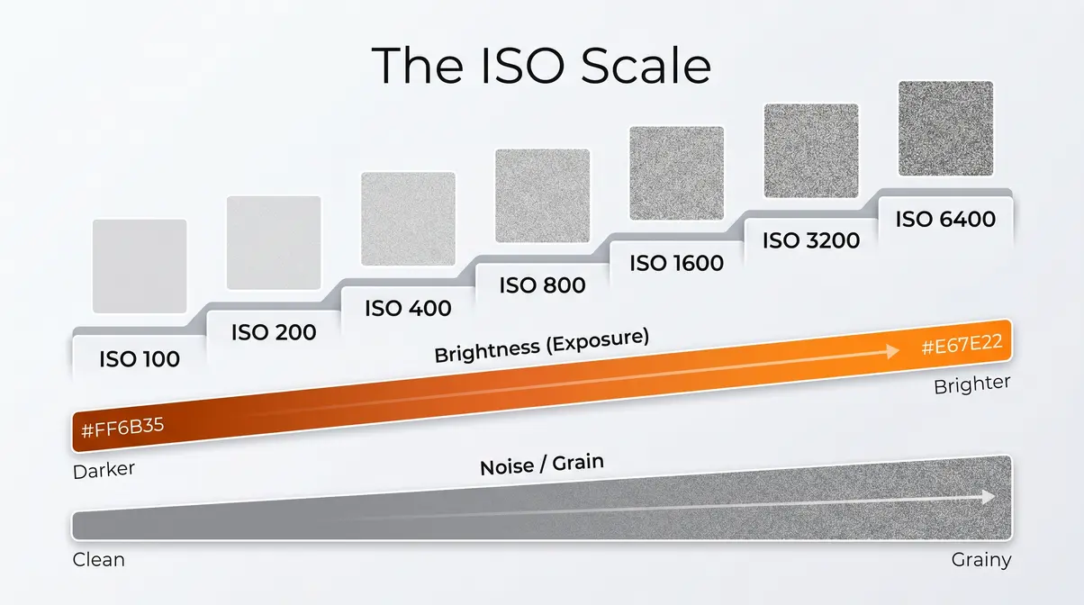 ISO photography scale diagram from 100 to 6400 showing brightness and noise trade-off