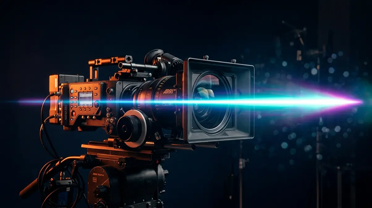 Anamorphic lens flare showing the iconic horizontal blue-teal cinematic streak from a cinema camera