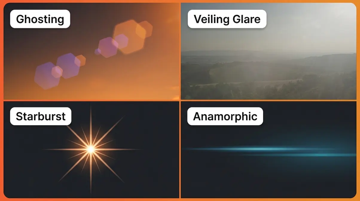 Four main types of lens flare — ghosting, veiling glare, starburst, and anamorphic streaks illustrated