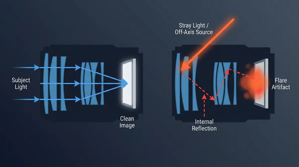Cross-section diagram showing how stray light bounces inside a camera lens to create lens flare