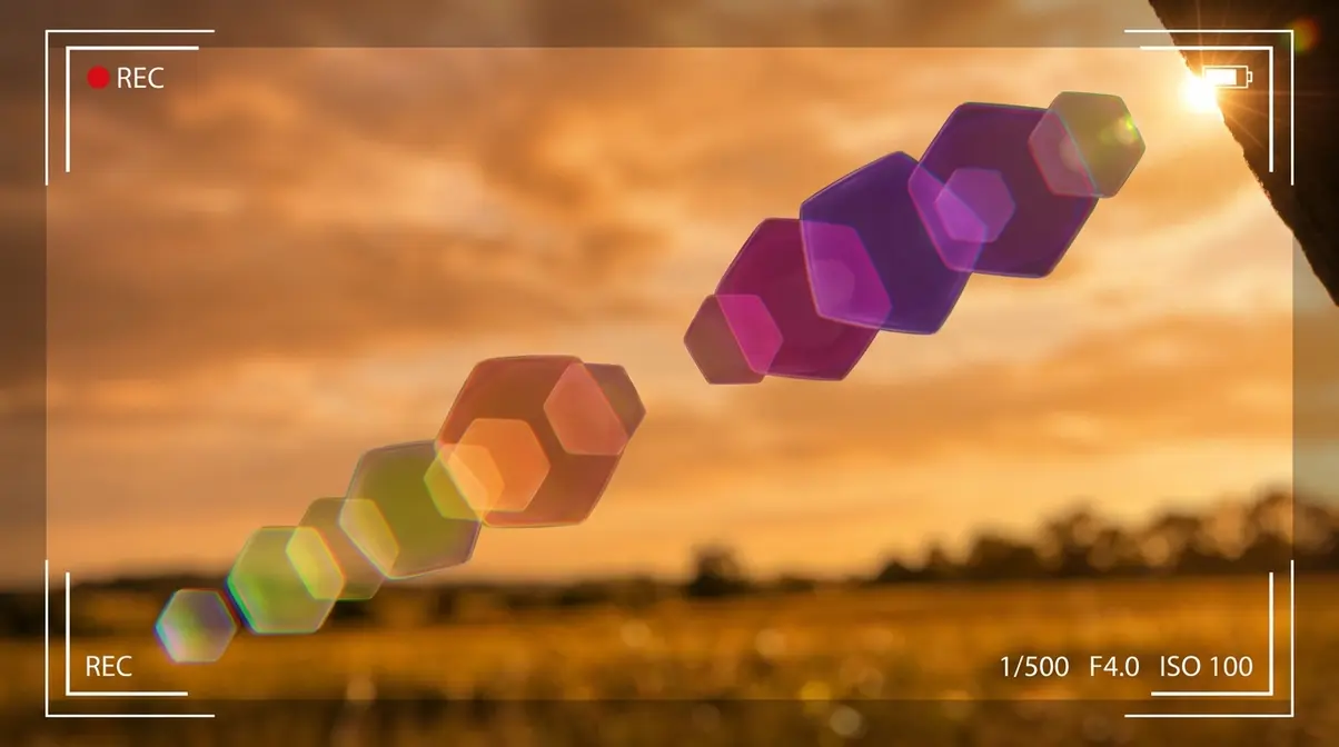 Lens flare ghosting example showing a chain of colorful hexagonal shapes from internal lens reflections