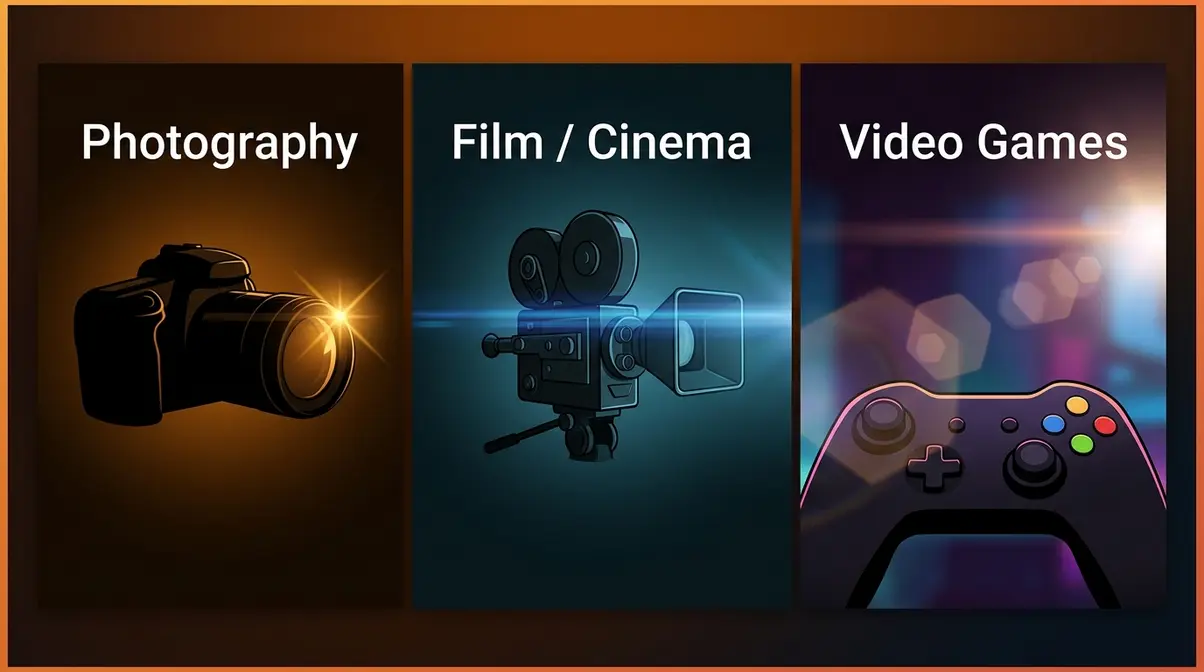 Lens flare used in photography, film cinematography, and video game rendering illustrated side by side