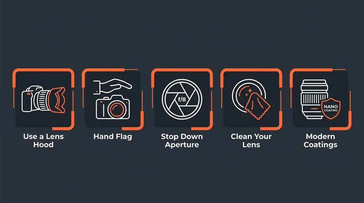 Five techniques to prevent lens flare including lens hood, hand flag, aperture, cleaning, and coatings